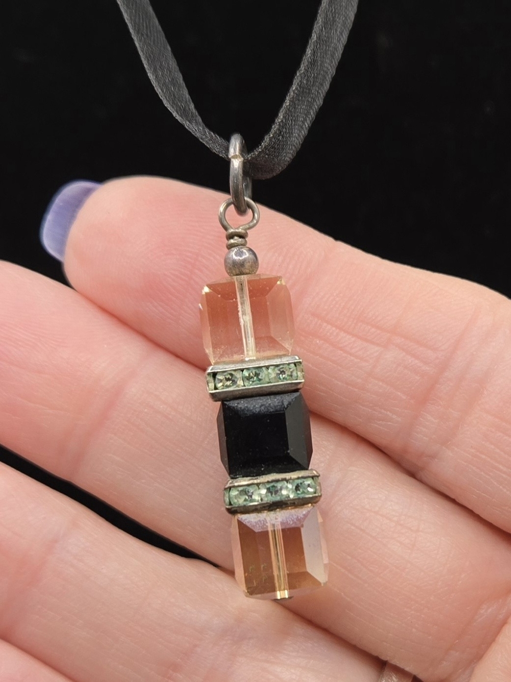 Faceted Black & Champagne Crystal Pendant Sterling Necklace 15" + 1½" Extender